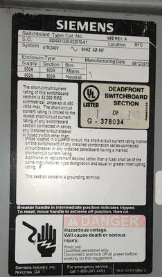 USED SIEMENS DEADFRONT SWITCHBOARD PANEL