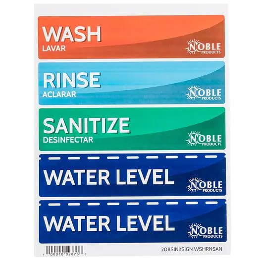 Wash, Rinse, Sanitize, and Water Level Permanent Sink Label