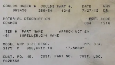 NEW GOULDS 260-64-1216 IMPELLER 6x12x8 3175 17.5" CD4MCU 260641216