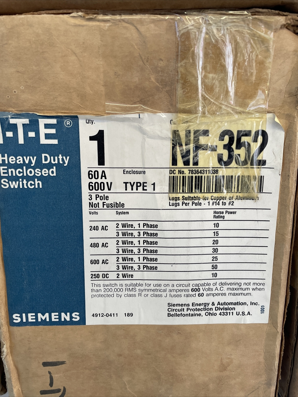 New | in-Stock Siemens NF-352 Switchgears California US | Davliegogo LLC #1705819