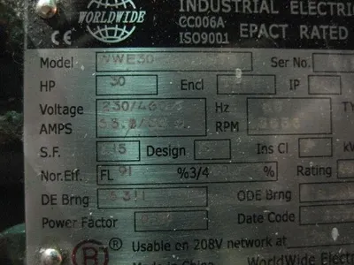 30 HP Worldwide Electric Corp. Electric Motor