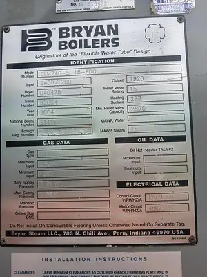 USED 2004 BRYAN BOILERS CLM240-S-15-FDG