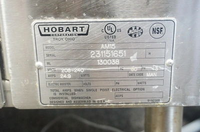 HOBART SINGLE RACK HIGH TEMPERATURE NATURAL GAS DISHWASHER MODEL AM15