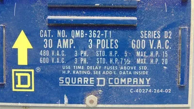 Square D QMB-362-T1 Panelboard Branch Switch 30 Amps 600VAC Series D2 Used
