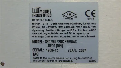 Moore Industries SPA2/HLPRG/2PRG/UAC-DPDT Programmable Alarm Module Used