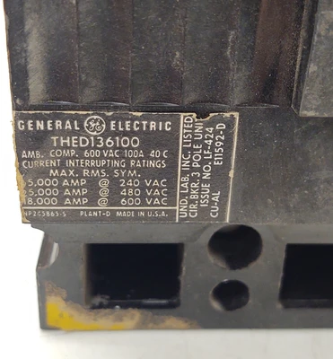 🔥 GE THED136100 Circuit Breaker 3P 100A 240/480V Very Good Condition