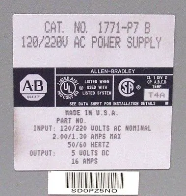 USED ALLEN BRADLEY 1771-P7 POWER SUPPLY SER.B 1771P7