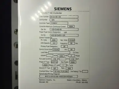 Siemens 4160 Volt MCC 400 amp each/1250 hp Vac contactors