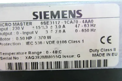 SIEMENS 6SE3112-1CA70-4AA0 MICROMASTER DRIVE 6SE31121CA704AA0