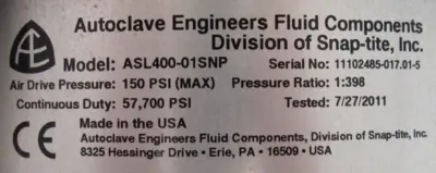 REFURBISHED AUTOCLAVE ENGINEERS ASL400-01SNP AIR DRIVEN PUMP ASL40001SNP