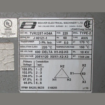 USED BEAVER ELECTRICAL MACHINERY TVR225T-H34A