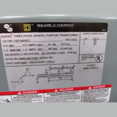 New Square D 118.5 kVA Transformer