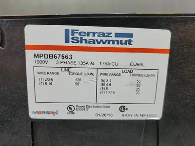 Ferraz Shawmut MPDB67563 Distribution Block, 1000V, 135-175A. 4E-38