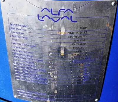 Alfa-Laval S-921 fuel/lube oil purifier skid, 316SS.