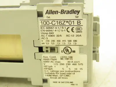 Allen Bradley 100-C16ZJ01 IEC Contactor Motor Starter 16A 3-Pole 600V 24VDC Coil