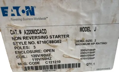 NEW EATON A200M2CACD NON-REVERSING STARTER NEMA SIZE 2 3-POLE 120V COIL MODEL J