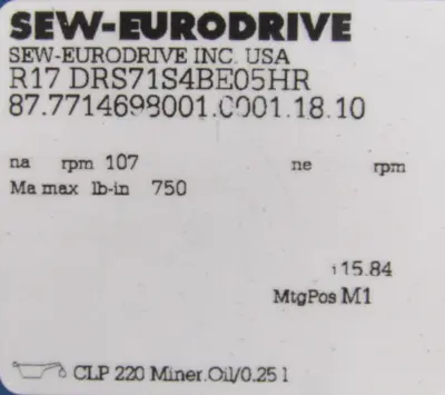 NEW SEW EURODRIVE R17 DRS71S4BE05HR GEARMOTOR 15.84:1 .33HP 230/460V