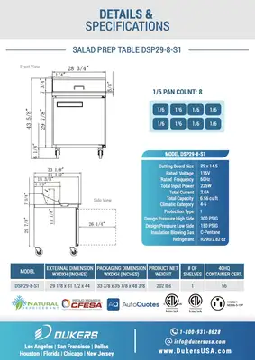 New | in-Stock Dukers New Dukers DSP29-8-S1 1-Door Commercial Food Prep Table Refrigerated in Stainless Steel Food Prep Tables Illinois US | Falcon Restaurant Supply #1376251