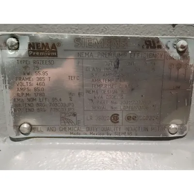 Used 75HP Siemens NEMA Premium Motor, 460V, 1780RPM, 365T Frame