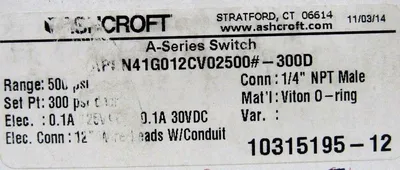 NEW ASHCROFT APSN41G012CV02500#-300D SWITCH APSN41G012CV02500300D 10315195-12