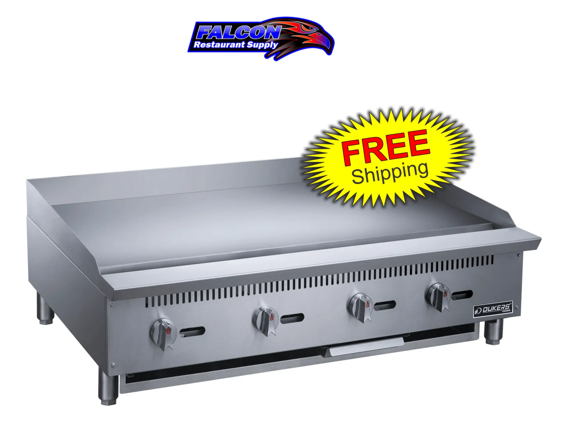 New | in-Stock Dukers New Dukers DCGMA48 48 in. W Flat Top Griddle with 4 Burners Commercial Flat Top Griddles Illinois US | Falcon Restaurant Supply #1376250