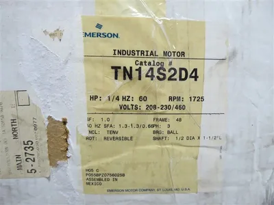 1/4 HP Emerson TN14S2D4 Electric Motor 48 Frame 208-230/460V 1725 RPM New