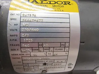Baldor VW3538 1/2 Hp. 3 Ph. 60 Hz. 1725 RPM 5/8" Shaft Motor 56C Face Mount