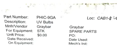 NEW GRAYBAR PHIC-9GA REPLACEMENT CELL UV BULB PHIC9GA