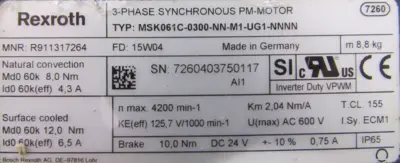 USED REXROTH R911317264 SERVO MOTOR MSK061C-0300-NN-M1-UG1-NNNN