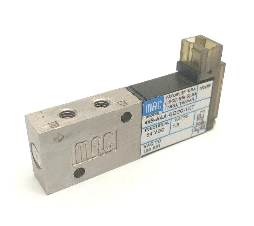 44B-AAA-GDCC-1KT | MAC Valves  Solenoid Operated 4-Way Poppet Valve 24V 10-32 Ports - Used
