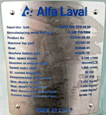 (2) Alfa-Laval FOPX 609 TFD-24-60 oil purifiers, 316SS.
