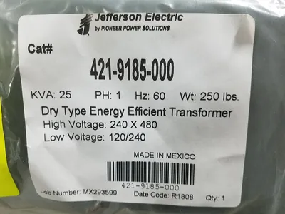 Factory New 25 KVA Single Phase Dry Type Transformer Primary 240 x 480 Secondary 120 / 240 10 Year Warranty 421-9185-000