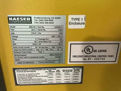 Used 2011 KAESER BSD 50 Rotary Screw & Sliding Vane Air Compressors Ohio US | HGR 24 #1705011