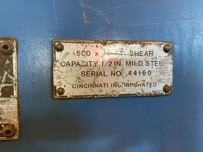 1/2" x 12ft Cincinnati Hydraulic Shear STOCK #4210