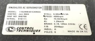 USED CONTROL TECHNIQUES 115UMB401CAMAA SERVO UNIMOTOR UM 4000RPM