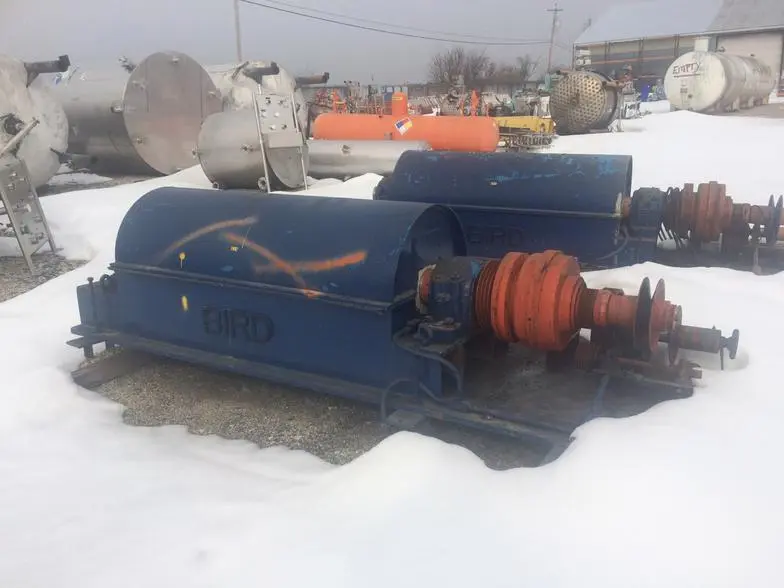 Used Bird Model 2500 H Style solid bowl centrifuges in T316 stainless steel (18 x 54), 1800 RPM with 40 hp motor and SA69 gear unit 80/1 ratio conveyor is a cylinder/ 8 degree with a 6 inch single lead