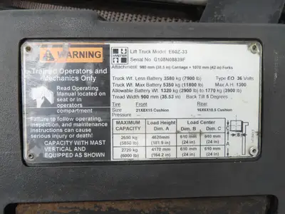 Hyster E60Z Forklift Mast 182" 3-Stage Side Shift Tilt Class 3 Electric 6000lbs