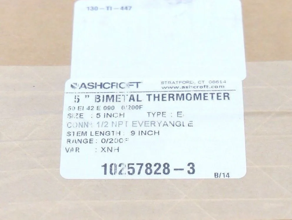 NEW ASHCROFT 50-EI-42-E-090-0/200F BIMETAL THERMOMETER 5" 0-200 DEG. F