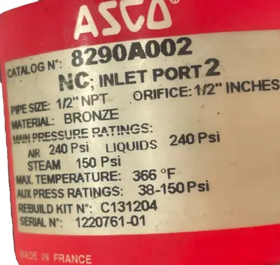 NEW ASCO 8290A002 PISTON VALVE 1/2"NPT