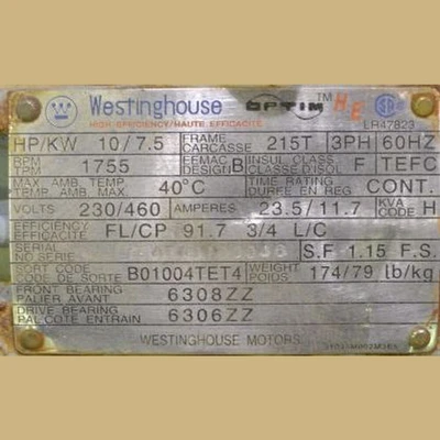 Westinghouse High Efficiency 10 HP Motor