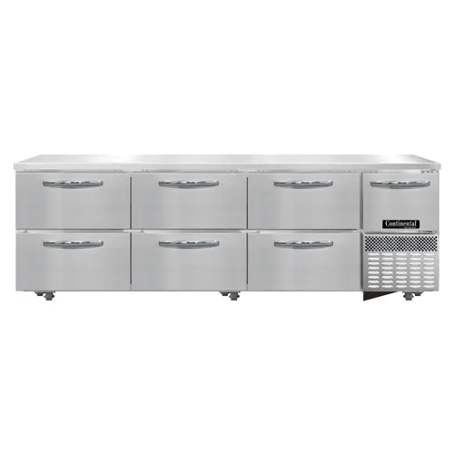 Continental RA93N-U-D 93" W Undercounter Refrigerator W/ (4) Sections, (1) Door, (6) Drawers, 115v