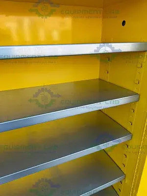 USED JUSTRITE 45 GALLON FLAMMABLE LIQUID STORAGE CABINET W/ SOFT CLOSE DOORS, KEY