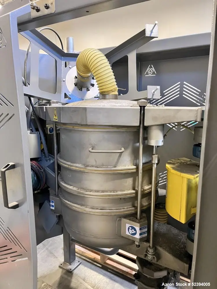 Used Great Western QA Series In-Line Circular Sifter and Enclosure. Approximate 24" diameter. Approximate 4 sieves. Top inlet. Bottom outlet. Mounted inside frame.