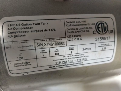 GMC 4610 4.6 Gallon Tank 1 HP Twin Tank Ultra Quiet Air Compressor 115 PSI
