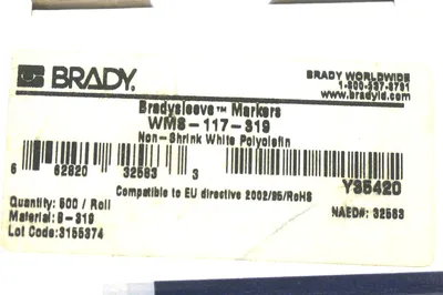 NEW BRADY WMS-117-319 BRADYSLEEVE MARKERS 500 / ROLL WMS117319