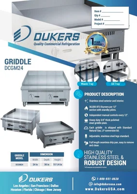 New | in-Stock Dukers New Dukers DCGM24 24 in. W Flat Top Griddle with 2 Burners Commercial Flat Top Griddles Illinois US | Falcon Restaurant Supply #1376255