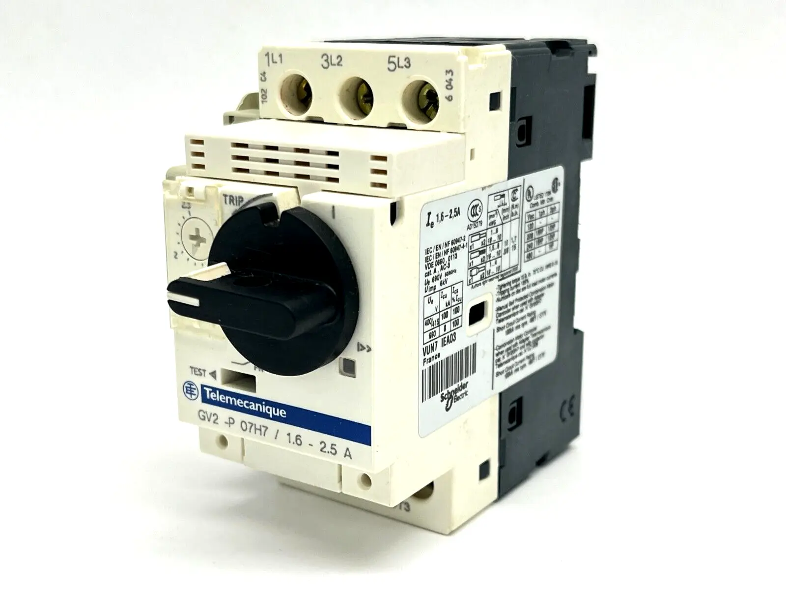 USED SCHNEIDER ELECTRIC, TELEMECANIQUE MANUAL STARTER 1.6-2.5A W/ GV2-AN11 AUXILIARY BLOCK