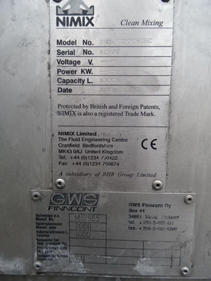 1,000L Nimix S/S Enclosed Mixing Tank