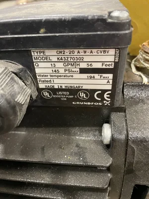 Grundfos CH2-20 A-W-A-CVBV K43Z70302 0.5HP Booster Pump 13GPM 145psi 56ft Head