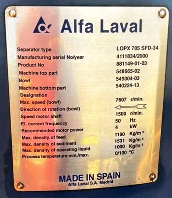 Alfa-Laval LOPX 705 SFD-34 lube oil clarifier skid, SS.